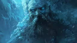 an ice man with long hair and a beard,an evil looking creature with many bubbles in its eyes