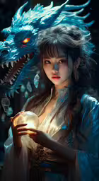 a woman wearing a costume holding a ball in front of a dragon