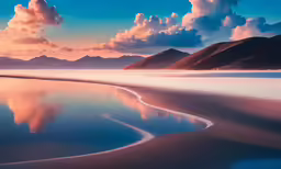 an artistic photograph of the shoreline at sunrise with mountains in the background