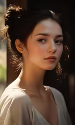 an asian woman in a white dress with black hair