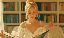 a woman in white top sitting on a bed reading a book