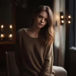 a woman sitting on top of a white couch in a living room