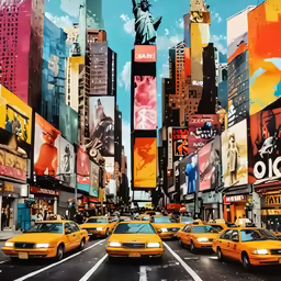 cars are lined up on the side of the road as taxis stand in front of skyscrapers and billboards