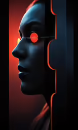 a woman wearing glasses with a red background