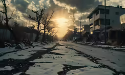 a snowy road and several buildings against the sky