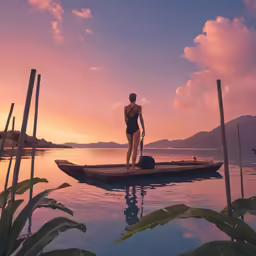a woman in a bathing suit in a boat floating on the water