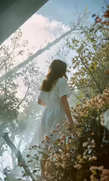 a woman wearing a long white dress standing in the woods