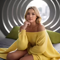 a pretty woman in a yellow dress sitting on a bed