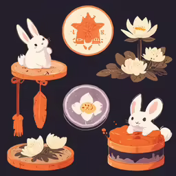 a bunny with carrots in a cup sitting next to other bunnies