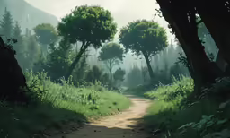 a rural trail surrounded by trees and flowers