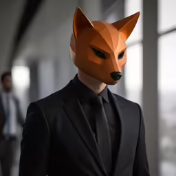 a man in a suit is wearing a paper mask