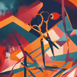 an abstract painting of scissors and paint splotters,a multicolored painting with scissors resting on top of each other
