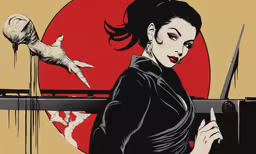 a lady holding a large pair of scissors