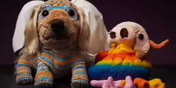 two stuffed dogs are displayed with a toy