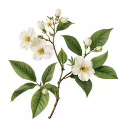 flower stem with leaves and buds displayed against white backdrop