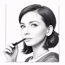 a woman holding a black pen to her lips