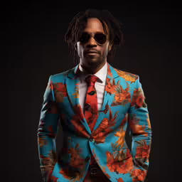 a man in a blue and orange suit,a man wearing a blue suit with floral patterns and sunglasses