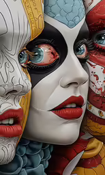 two masked faces in various colors and shapes