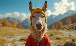 there is a deer wearing a hat and sweater on