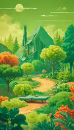 a tennis court in the middle of an animation landscape,a painting of a lush green landscape with a house and road