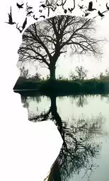 a large tree with birds flying around it