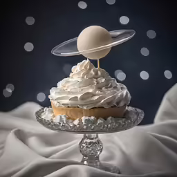 a cupcake with icing and a piece of pluto on top