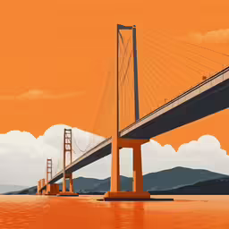 a painting of a bridge over a large body of water