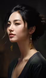 an asian woman wearing gold earrings and black top