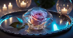 a rose is sitting on a metal tray