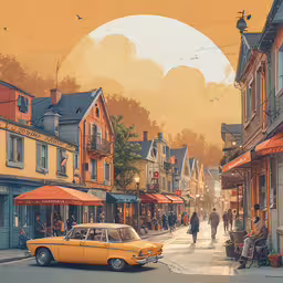 an old fashioned street with people walking, buildings, and cars,this painting has yellow cabs on the street