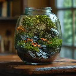 plants are placed in the bottom of a glass jar