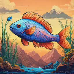a painting of a blue fish next to some plants,a blue fish floating in the ocean next to mountains