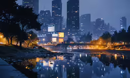 city skyline at night, overlooking a pond and park