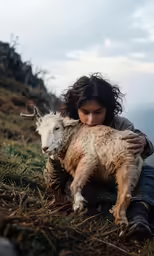a young lady holds a ram while sitting on the side of a hill