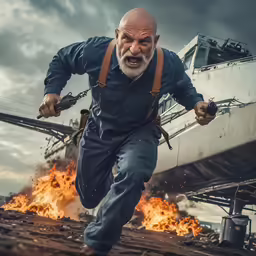 a man in overalls, suspenders and a beard running towards a building that is on fire