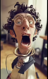 a strange mannequin head wearing glasses and a jacket