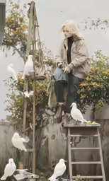 an artistically altered photograph of a woman sitting on a ladder among many birds