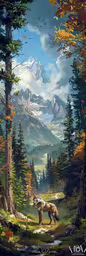 an image of a bear on the woods,a painting of a moose in the woods