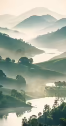misty view of a mountain river in a valley
