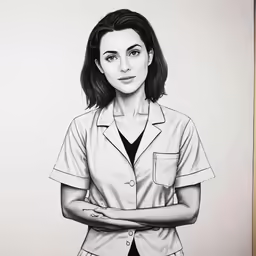a woman with her arms crossed in front of a picture