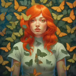 an illustration of a woman and butterflies over her head,a girl with red hair and butterflies covering her face