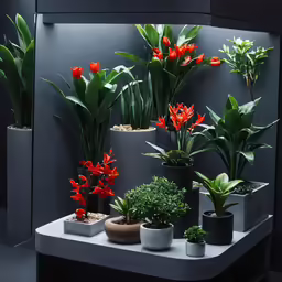 a row of large potted plants and flowers on a table