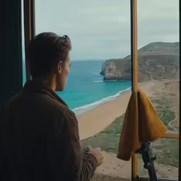 a man standing outside looking out at the ocean