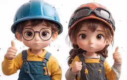 two dolls wearing hard hats and dungs giving thumbs up