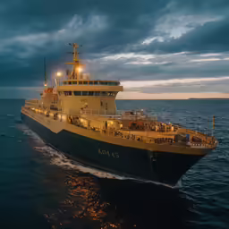 the large boat is riding through the water