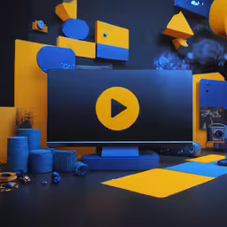 a computer monitor with various colors on the screen,a large screen television next to blue and yellow artwork