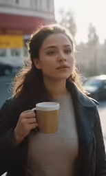 a woman walking down a street holding a cup of coffee