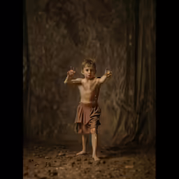 a boy with brown clothing in front of a backdrop