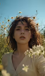 woman standing in the middle of flowery field