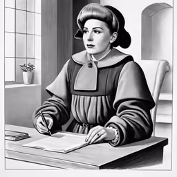 a drawing of a woman sitting at a desk, writing